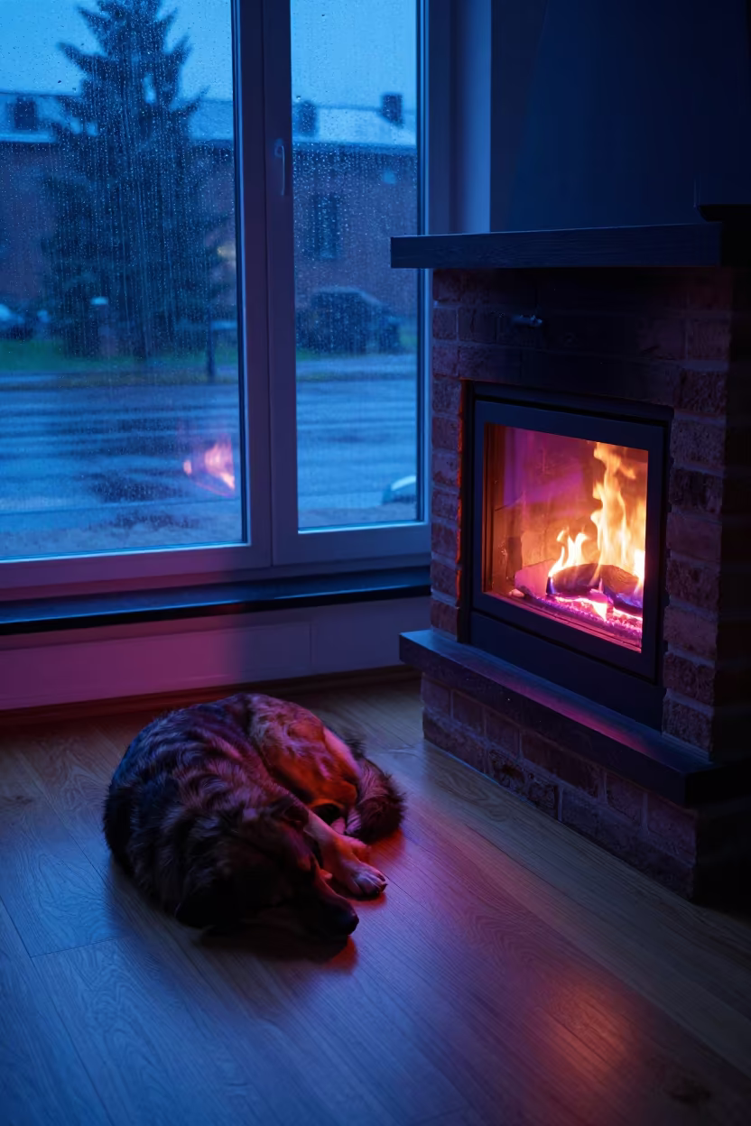 Helsinki Dog Sleeping by Neon Fireplace Window in beside a rain-streaked window in Kruununhaka, Helsinki