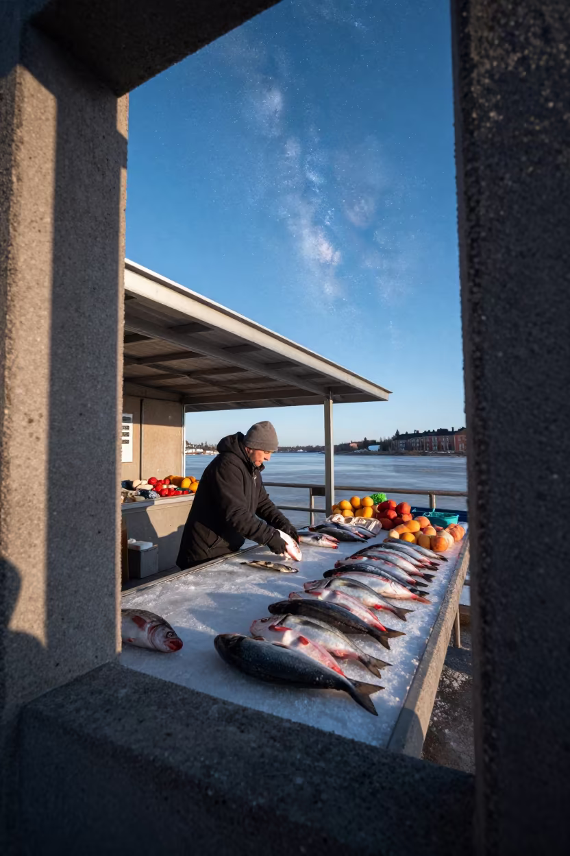 Helsinki Fish Vendor Under Daylight Milky Way in at a roadside fruit stand in Helsinki