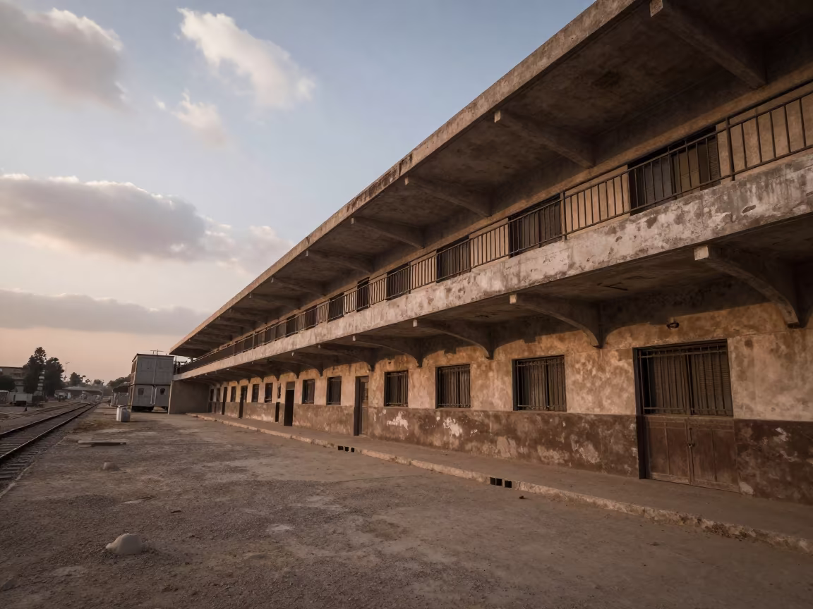 Helwan Train Terminal Balcony at First Dawn Light in inside a restored train terminal in Helwan