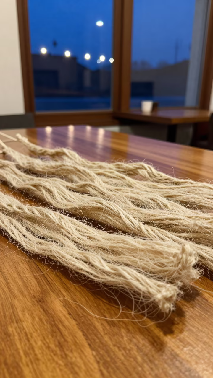 Hemp Fibers Drying on Cafe Table at Twilight in on a cafe table by a window in Sukkur