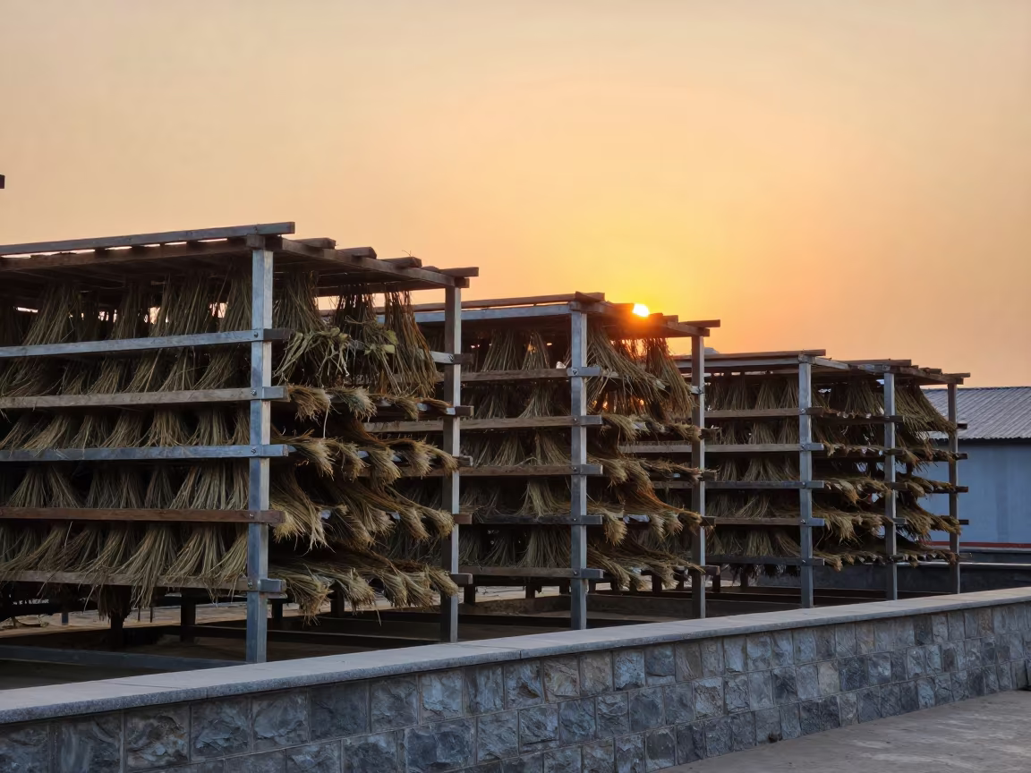 Hemp Fibers Drying on Stone Racks at Sunset in on a stone ledge in Prayagraj