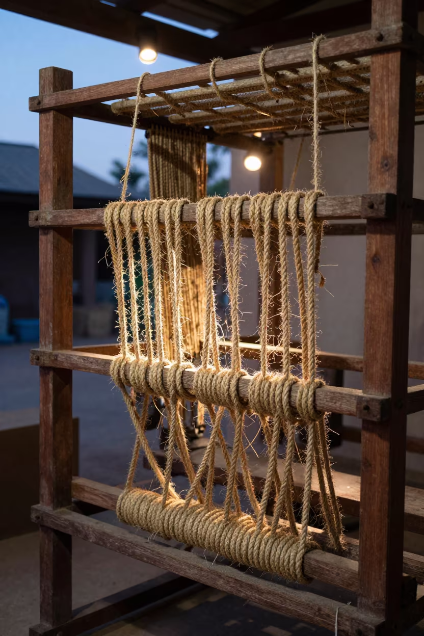 Hemp Rope Braiding in Jaranwala Workshop in on a workshop shelf in Jaranwala