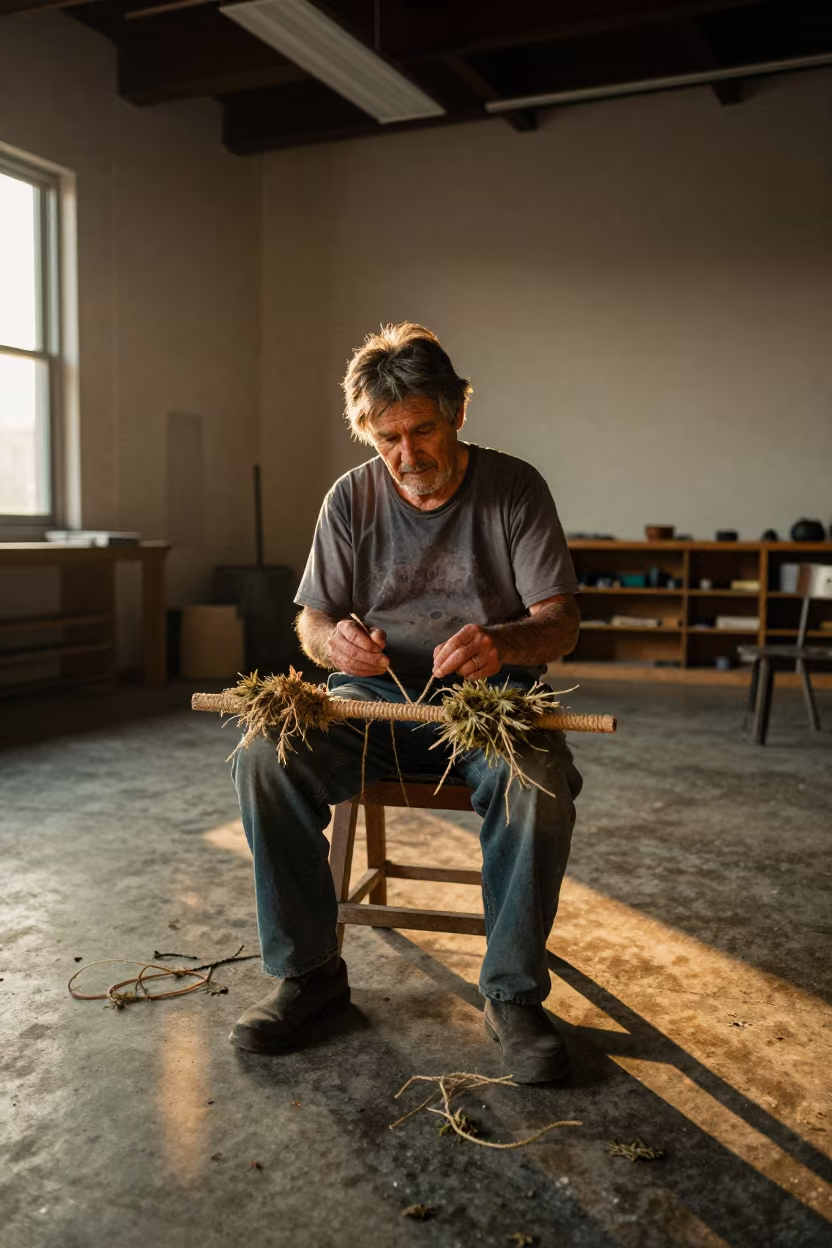 Hemp Rope Maker With Twine In Hair in inside a quiet rehearsal room in Des Moines