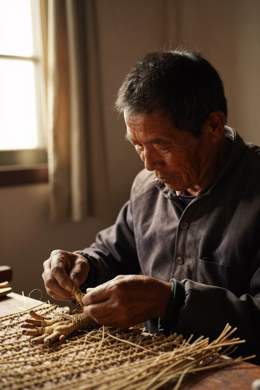 Hemp Rope Maker with Twine in Hair in beside a curtain-diffused window in Kunming