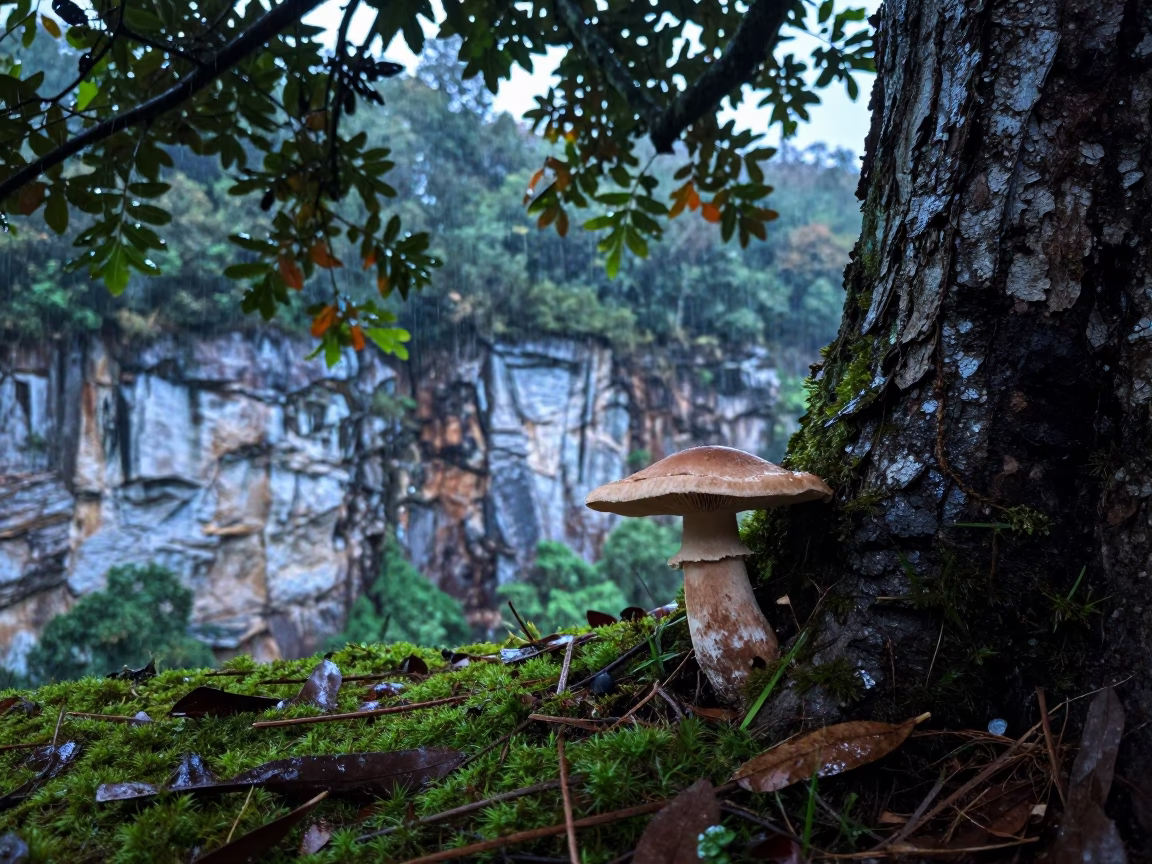 Hen of the Woods Mushroom on Oak Base in along a salt-sprayed cliff edge near Alor Setar