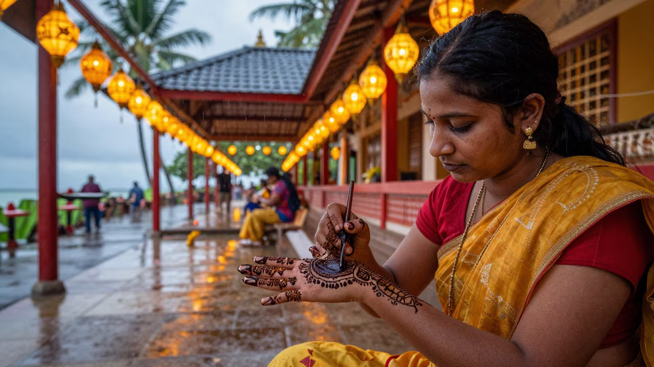 Henna Artist Adorns Hand at Dawn in Victoria Seychelles in in a shrine lined with lanterns near Victoria Seychelles