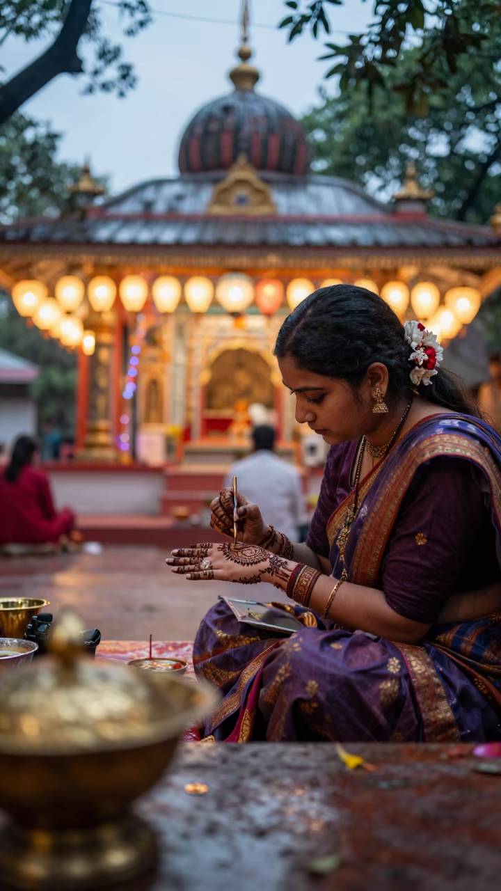 Henna Artist Decorating Hand Near Bhubaneswar Shrine in in a shrine lined with lanterns near Bhubaneswar