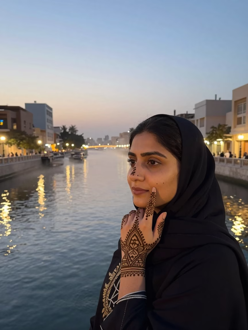 Henna Face Portrait Woman Beside Canal Sheikh Othman in beside a canal in Sheikh Othman
