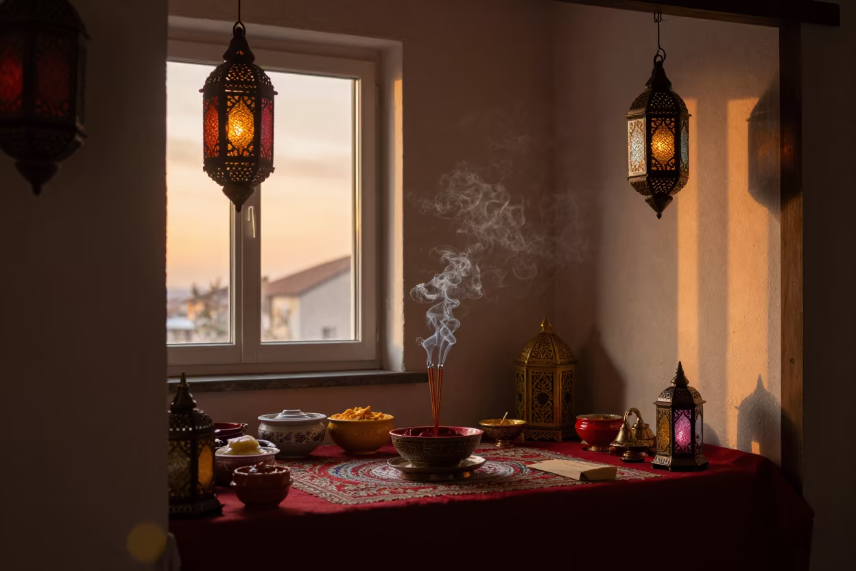 Henna Station and Incense Smoke in Duzce Shrine in in a shrine lined with lanterns near Düzce