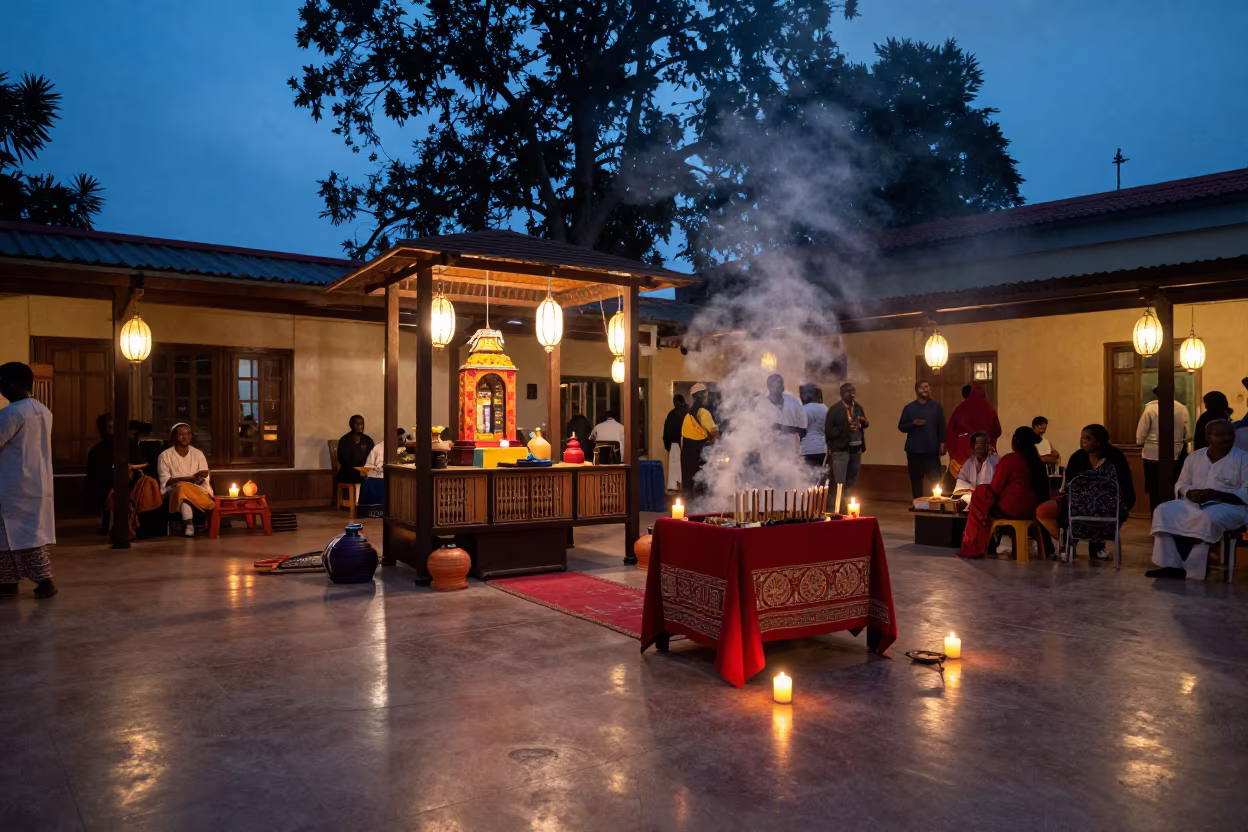Henna Station and Incense Smoke in Mbuji-Mayi Shrine in in a shrine lined with lanterns in Mbuji-Mayi