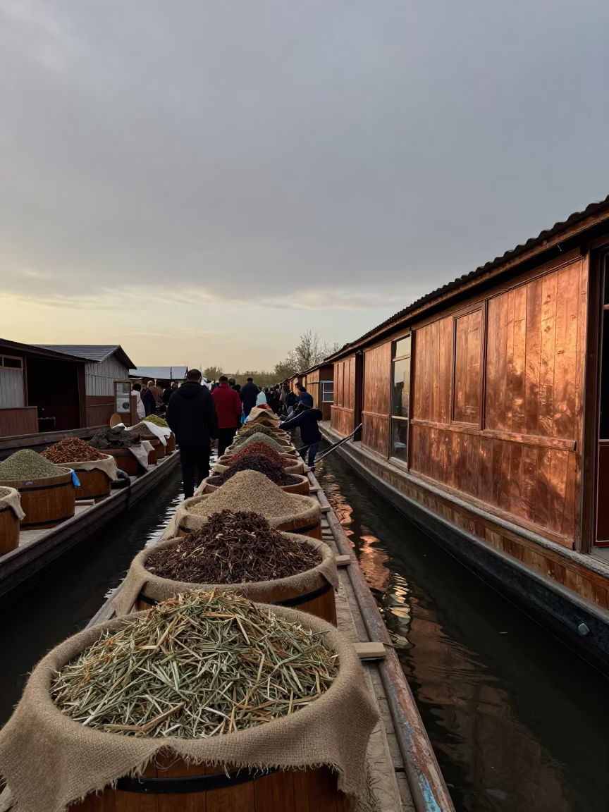 Herb Barrels on Urumqi Floating Market Boat in at a floating market boat in Urumqi