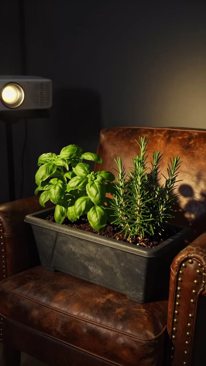 Herb Garden on Leather Chair in Late Night Light in on a worn leather armchair in Yüksekova district