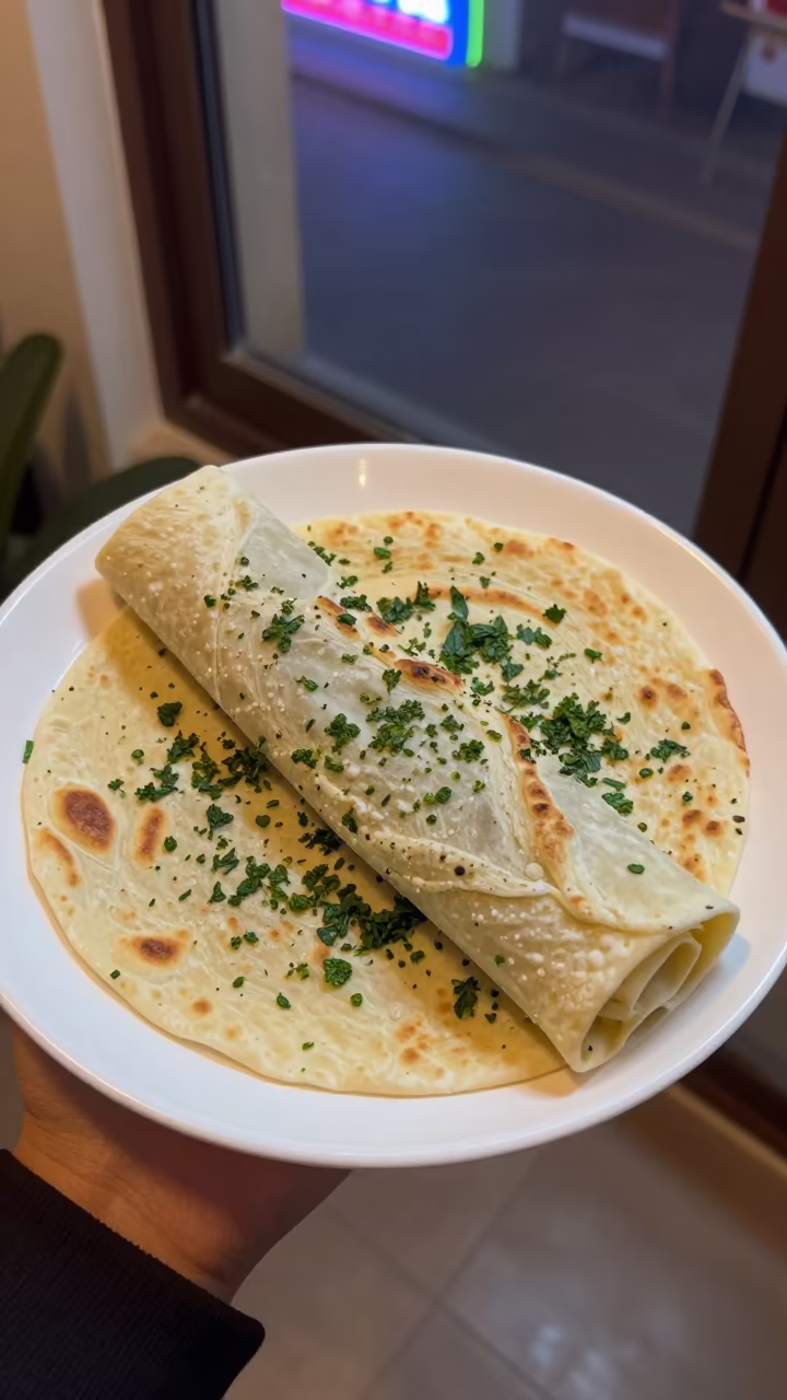 Herb-Rolled Lahmacun on Ceramic Plate by Window in on a ceramic plate by a window in Kunming