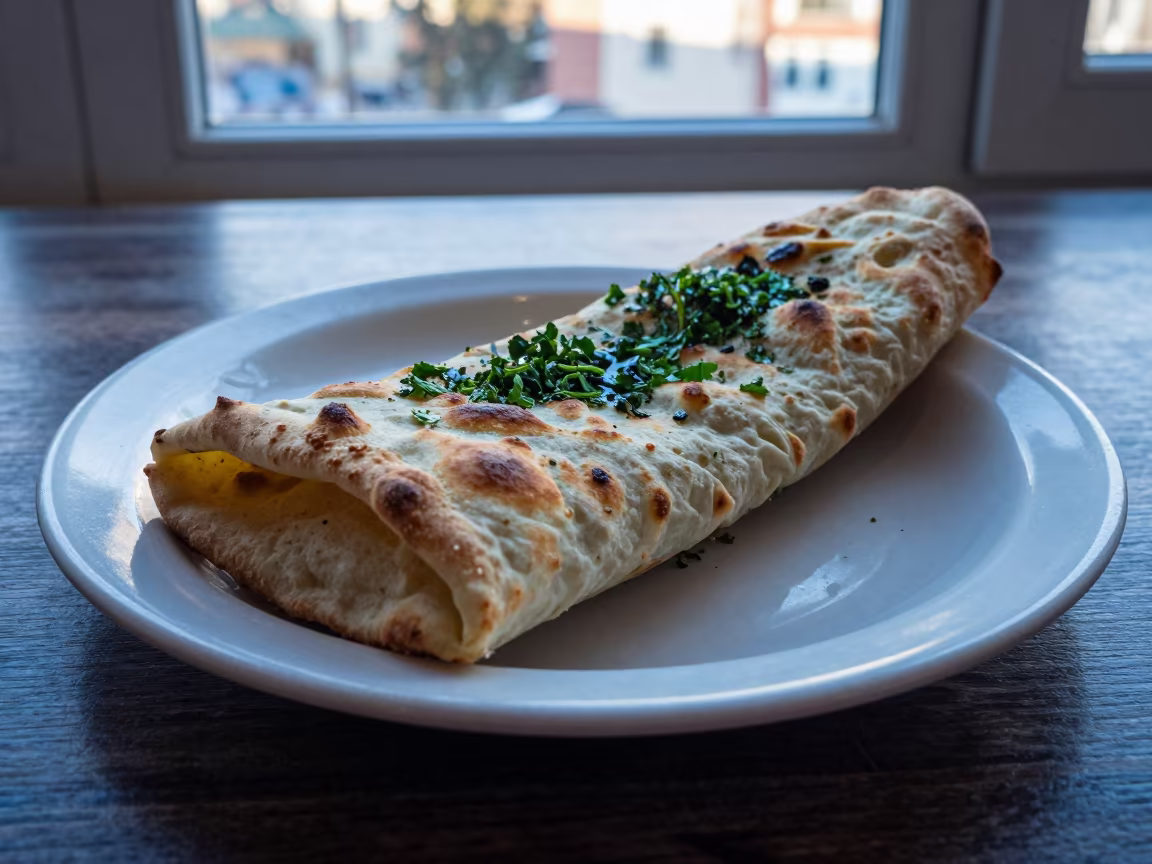 Herb Rolled Lahmacun on Ceramic Plate in on a ceramic plate by a window in Pescara