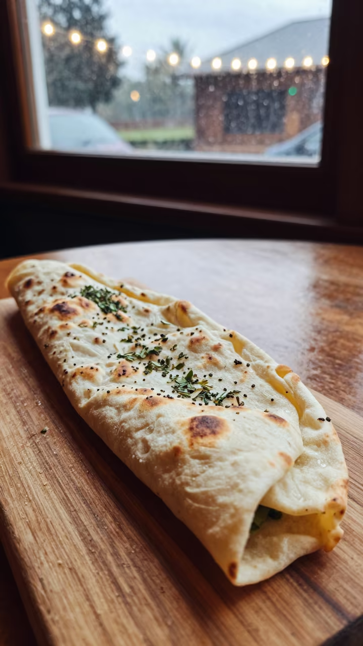 Herb-Rolled Lahmacun on Rustic Table in on a rustic wooden table in Kisangani