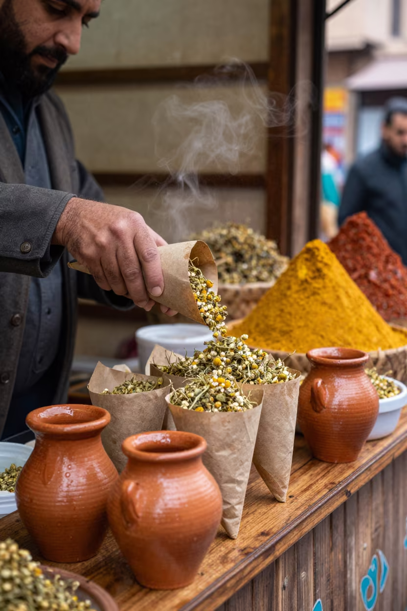 Herbalist Fills Chamomile Cones in Marrakech Souk in at a roadside fruit stand in Mellah, Marrakech