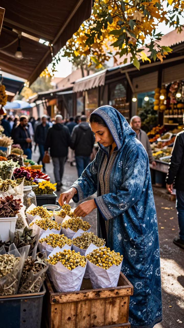 Herbalist Measures Chamomile at Mouassine Market Bench in at a flower auction bench in Mouassine, Marrakech