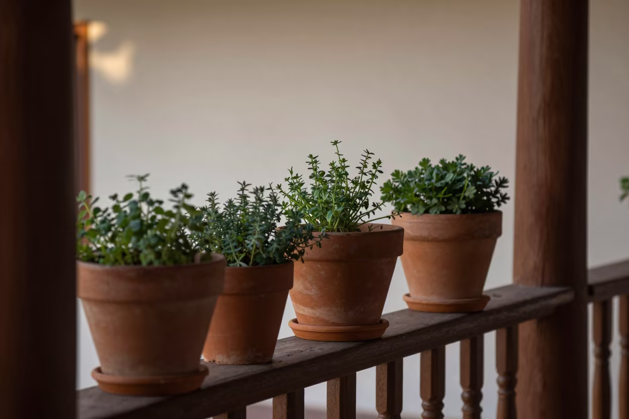 Herbs in Terracotta Pots on Chimbote Pier Railing in on a pier railing in Chimbote