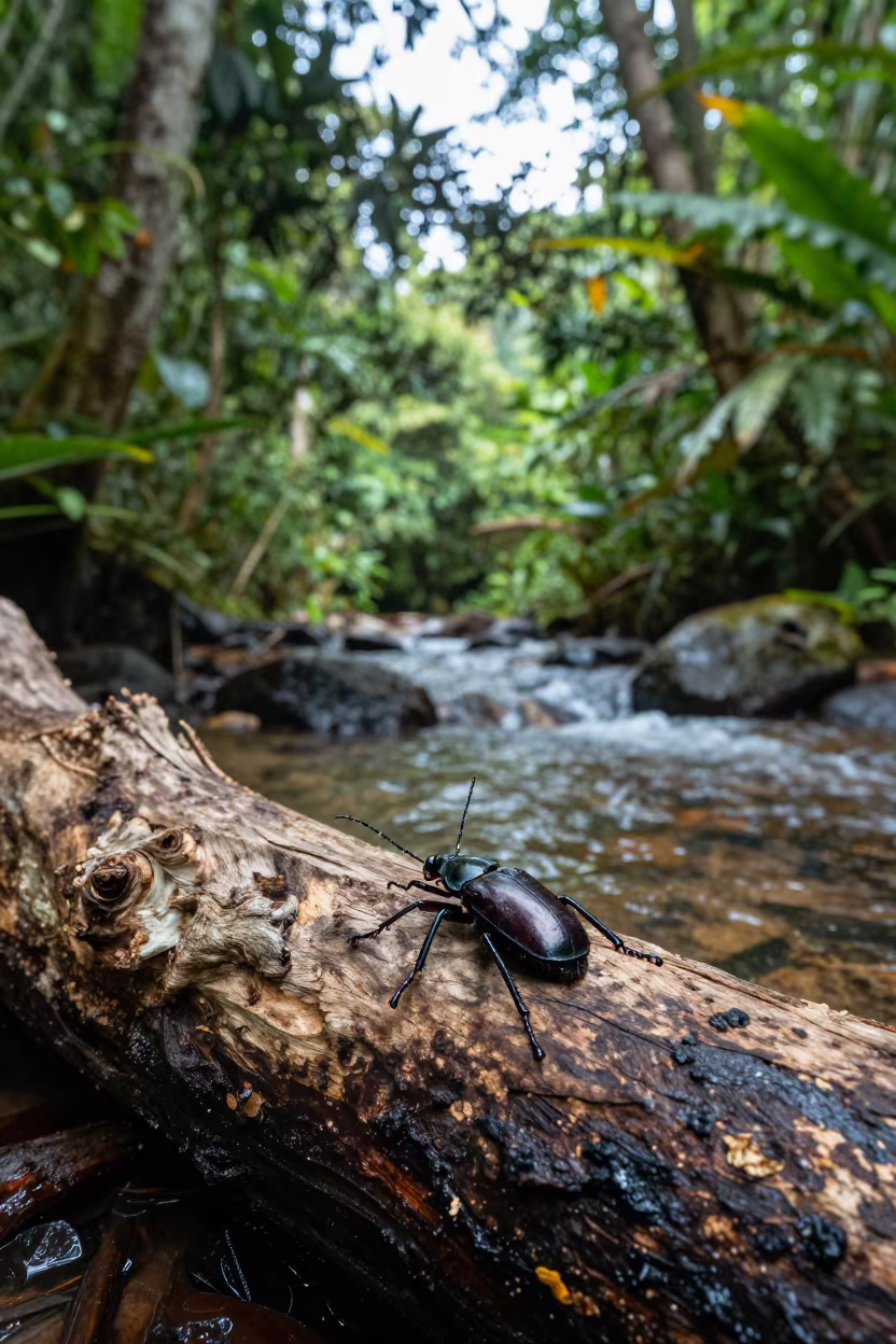 Hercules Beetle on Log Near Urca Stream in above a glacial stream near Urca, Rio de Janeiro