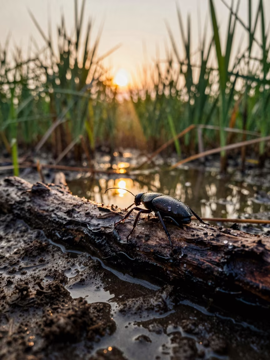Hercules Beetle on Rotting Log at Bangkok Dawn in at the edge of a reed bed near Ari, Bangkok