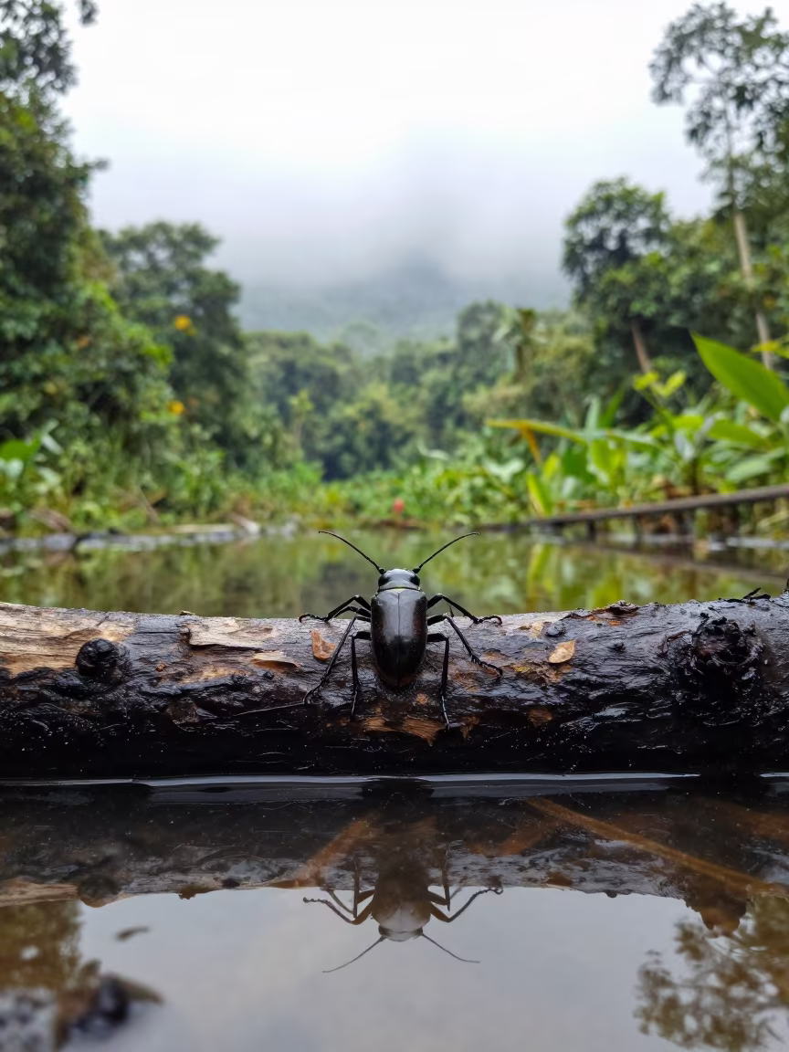 Hercules Beetle on Rotting Log in Indonesian Rainforest in in Indonesia