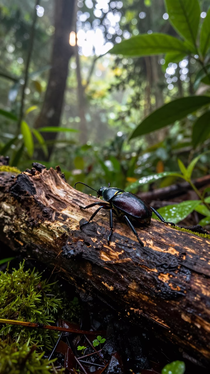 Hercules Beetle on Rotting Log in Monsoon Rainforest in along a game trail near Ho Chi Minh City
