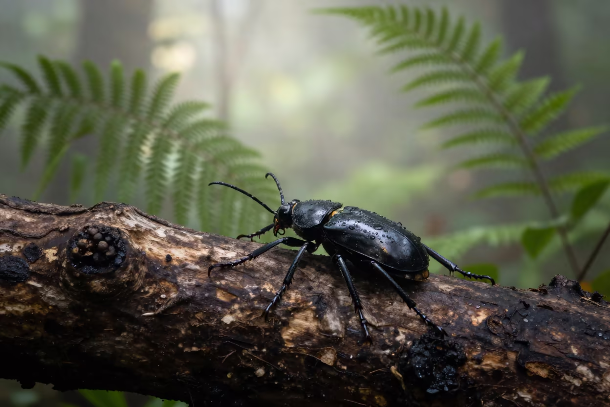 Hercules Beetle on Rotting Log in Sri Lankan Rain in in Sri Lanka