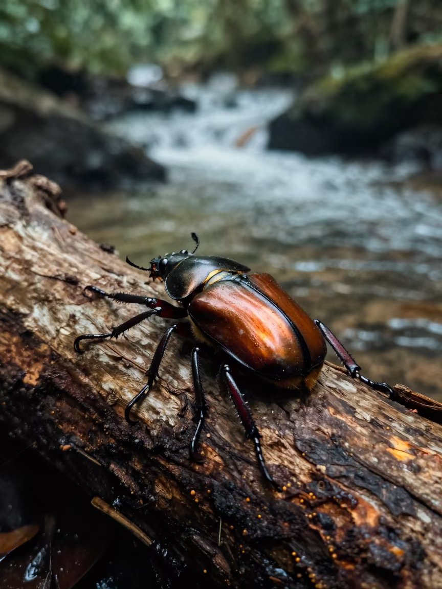 Hercules Beetle on Rotting Log in Tropical Rain in above a glacial stream near Havana