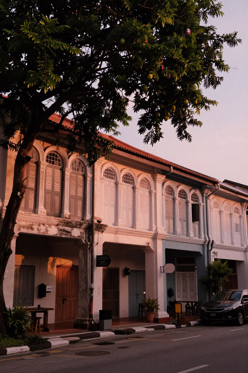 Heritage Architecture in George Town at Copper-toned Light Before Dusk in in George Town, Malaysia
