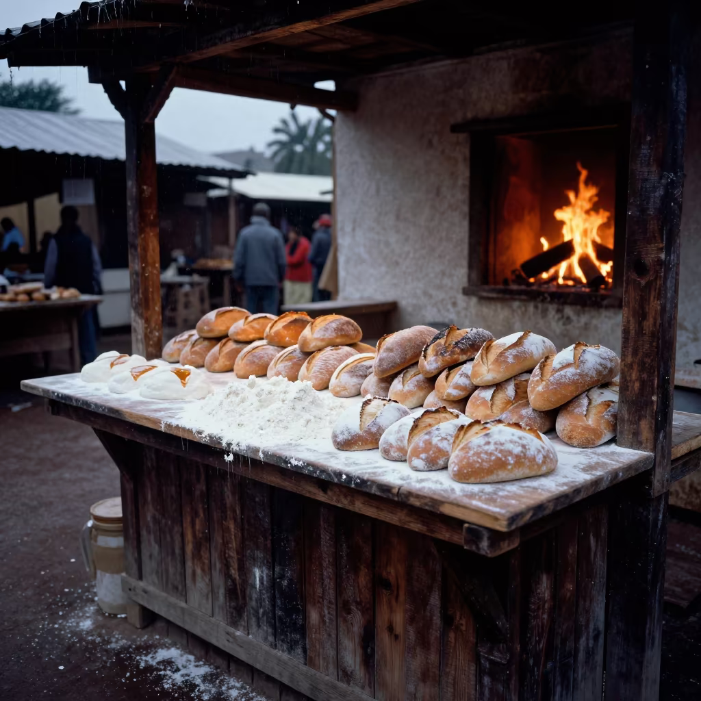 Heritage Bread Stall Winter Market Bissau in in a ceremonial hall near Bissau