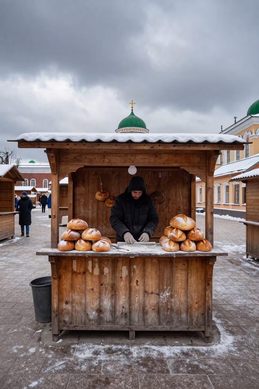 Heritage Bread Stall Winter Market Minsk Temple Courtyard in in a temple courtyard in Minsk