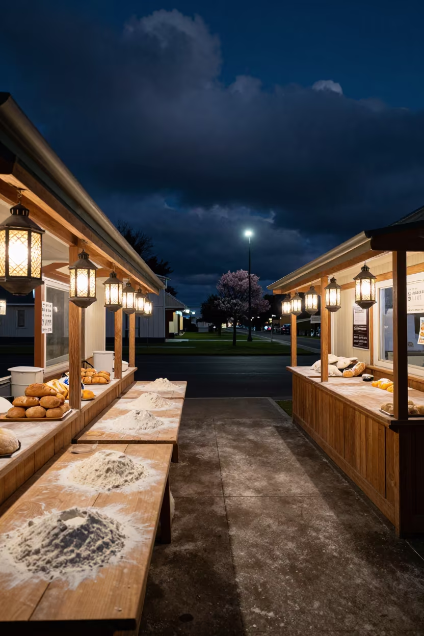 Heritage Bread Stall Winter Market Night in in a shrine lined with lanterns near Geelong