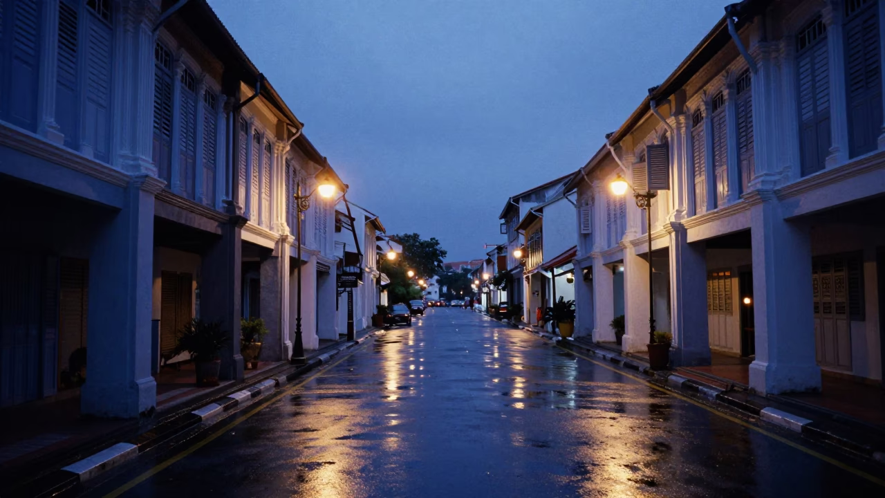 Heritage Shophouses And Wet Pavement Reflections in George Town in in George Town, Malaysia