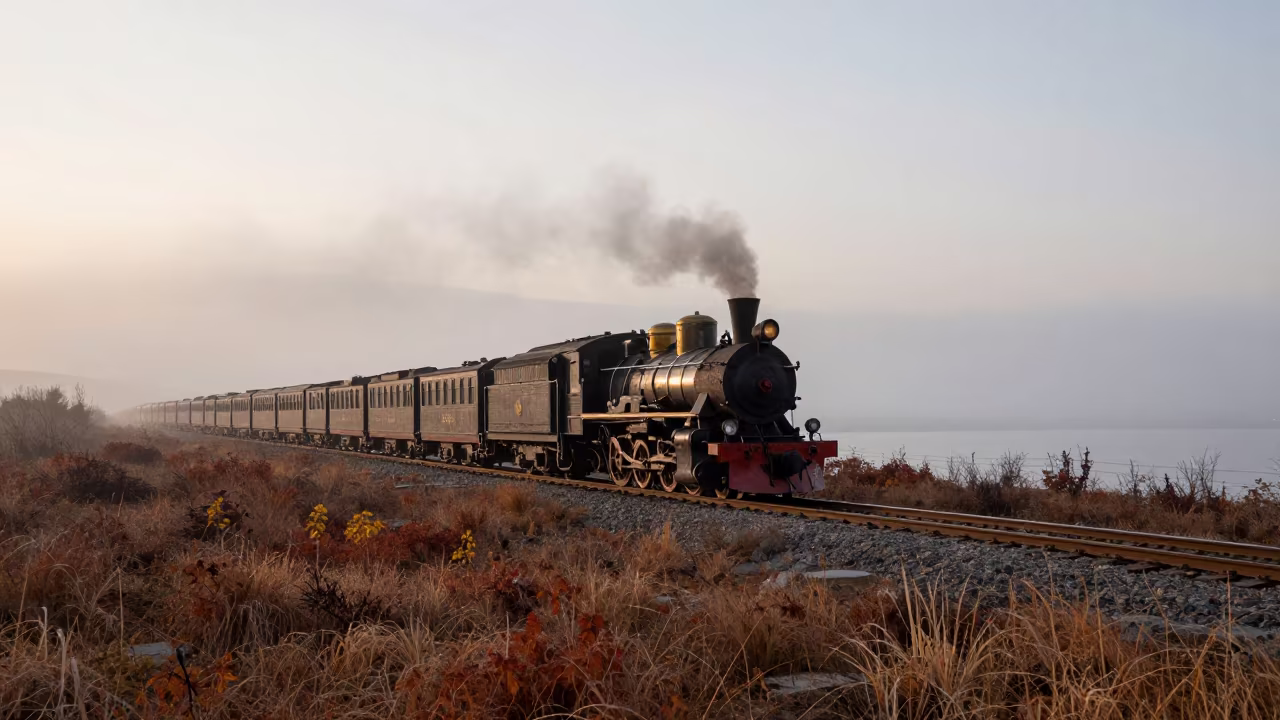 Heritage Steam Train Crossing Autumn Mist in beside a fogbound harbor mouth in Armenia