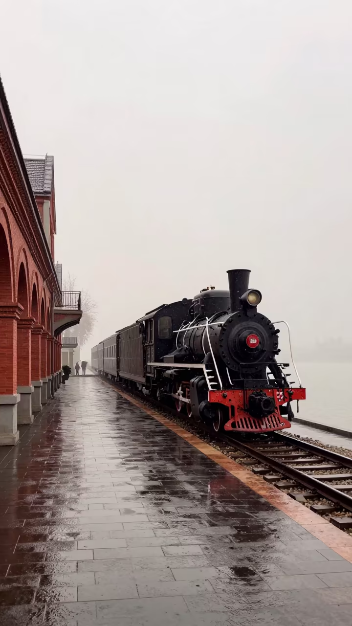 Heritage Steam Train at Foggy Sichuan Harbor in beside a fogbound harbor mouth in Sichuan