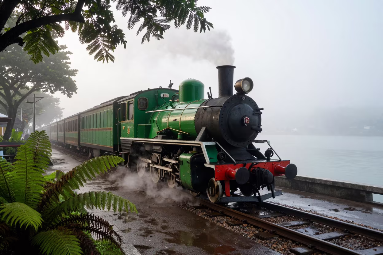 Heritage Steam Train Through Mist Near Chinatown in beside a fogbound harbor mouth near Chinatown, Kuala Lumpur