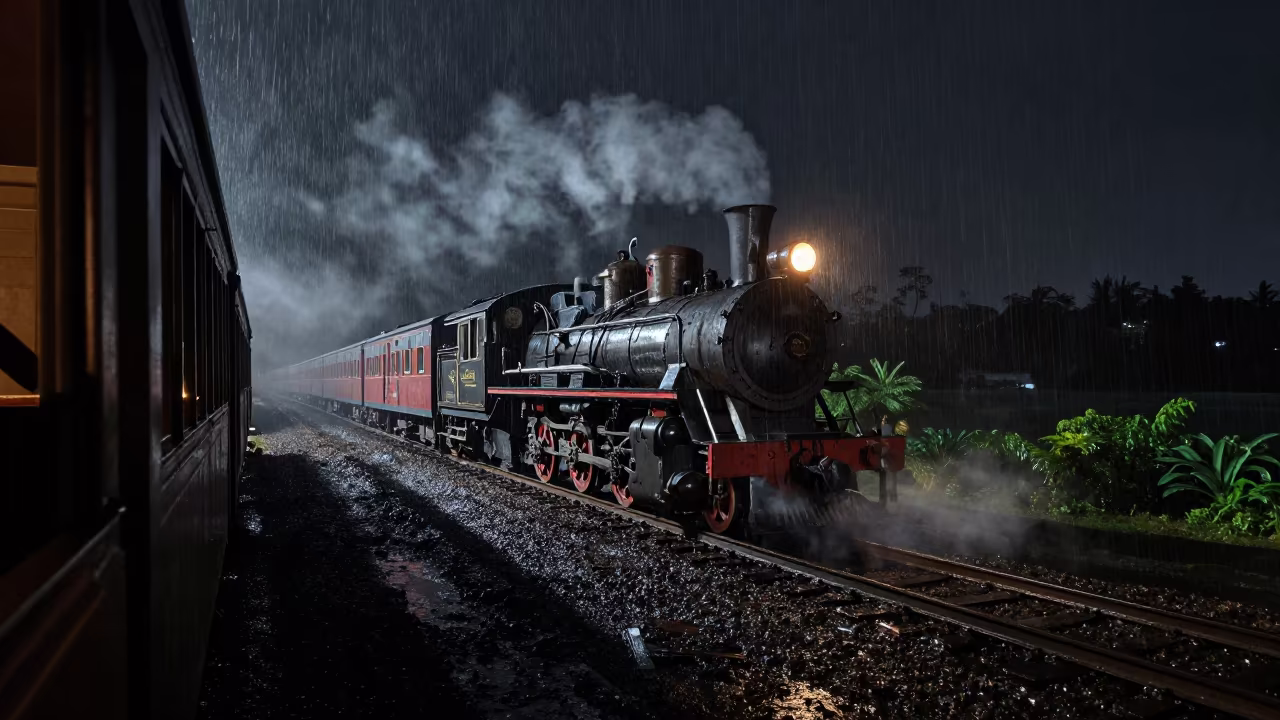 Heritage Steam Train in Monsoon Night Mist in along a switchback approach near Lahad Datu