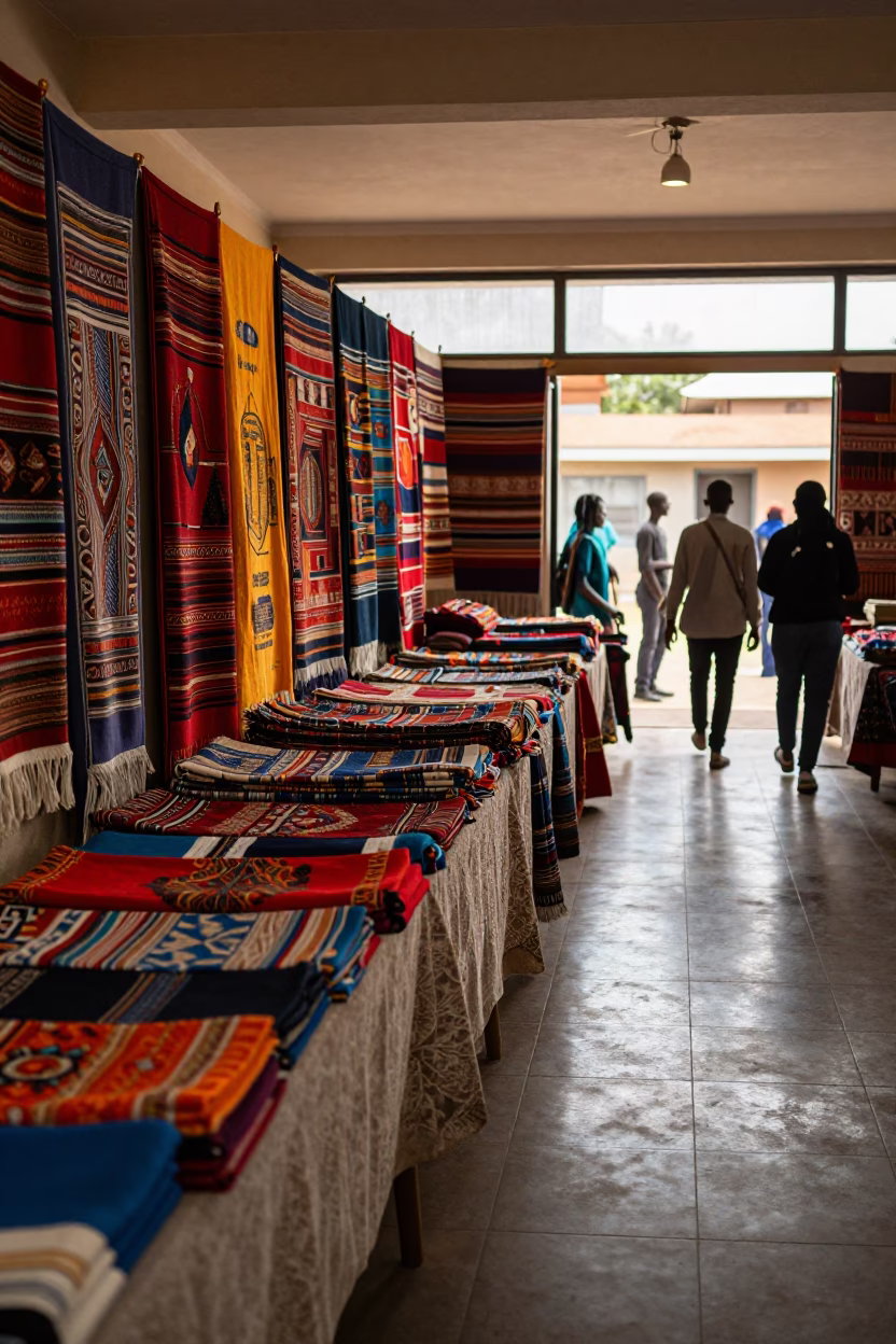 Heritage Textile Booth Near Temple Gate Kigoma in on a textile-covered table near Kigoma