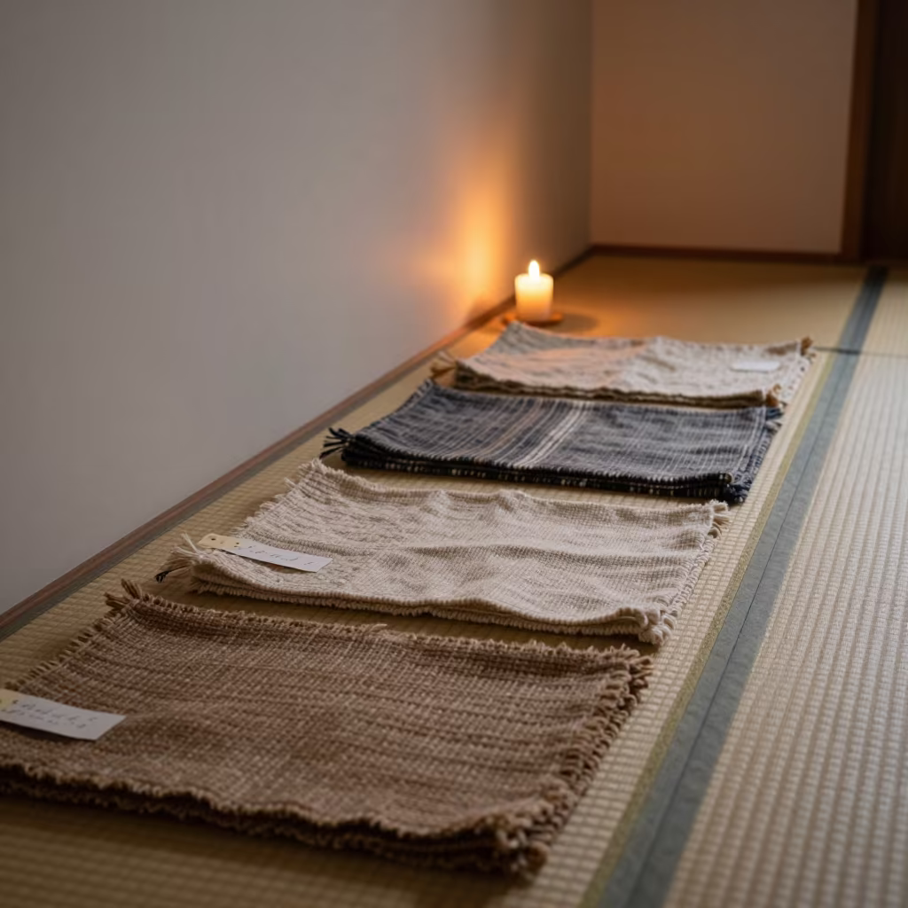 Heritage Textile Samples on Tatami Mat in on a tatami mat near New York