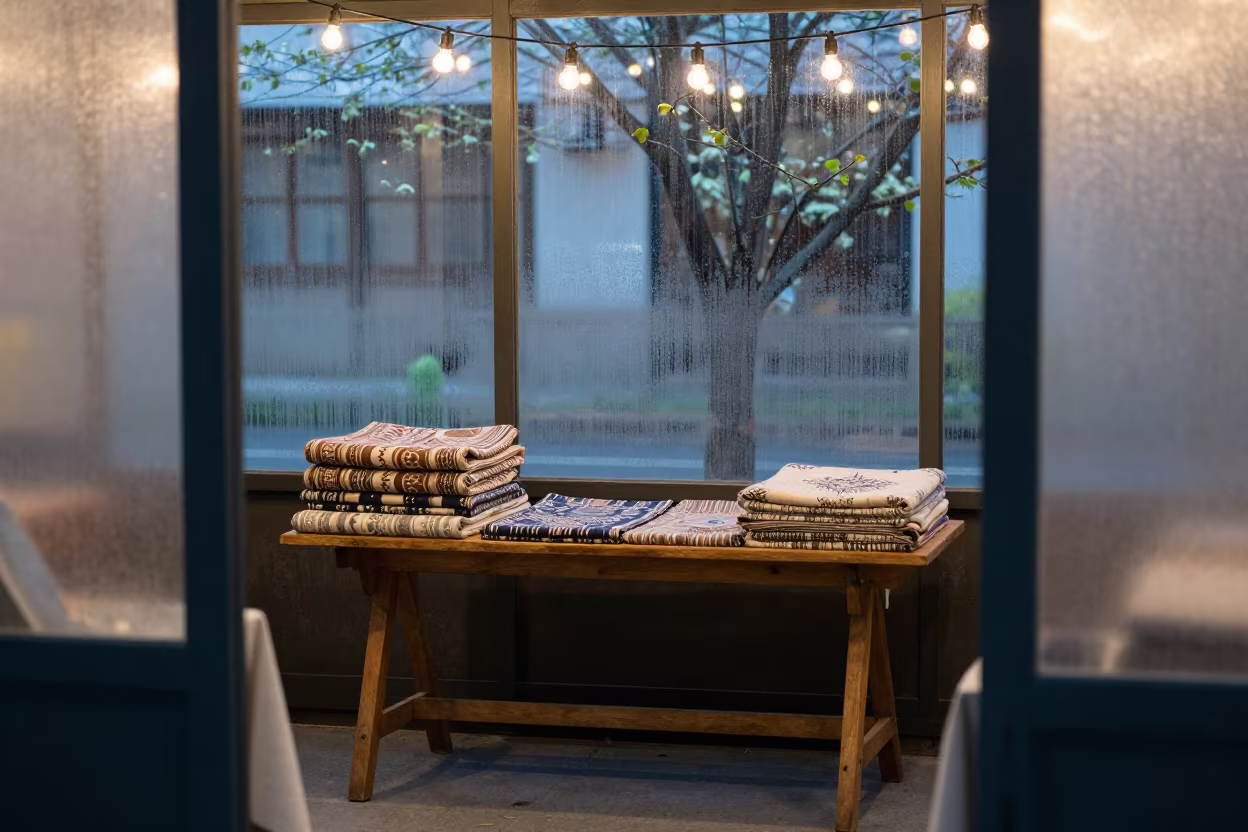 Heritage Textiles on Wooden Table Taichung Twilight in on a textile-covered table in Taichung