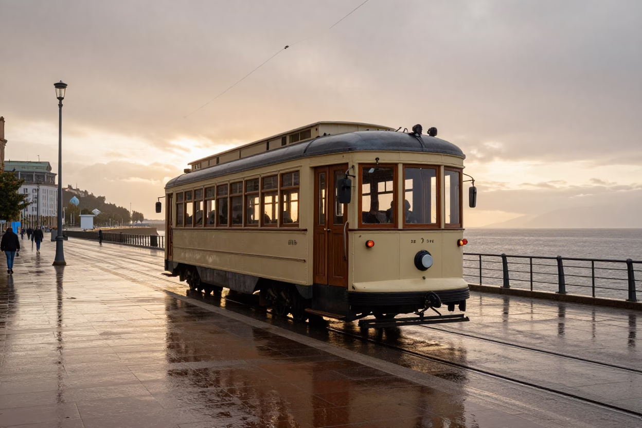 Heritage Tram and Enamel Pitcher on Bilbao Coastal Promenade at Sunset in in Bilbao, Spain
