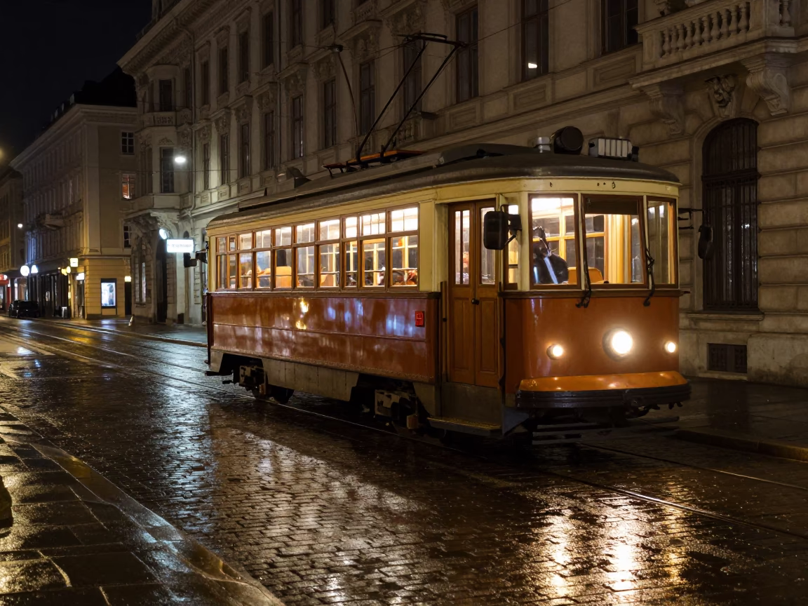 Heritage Tram at Deep In The Night Light in Vienna in in Vienna, Austria