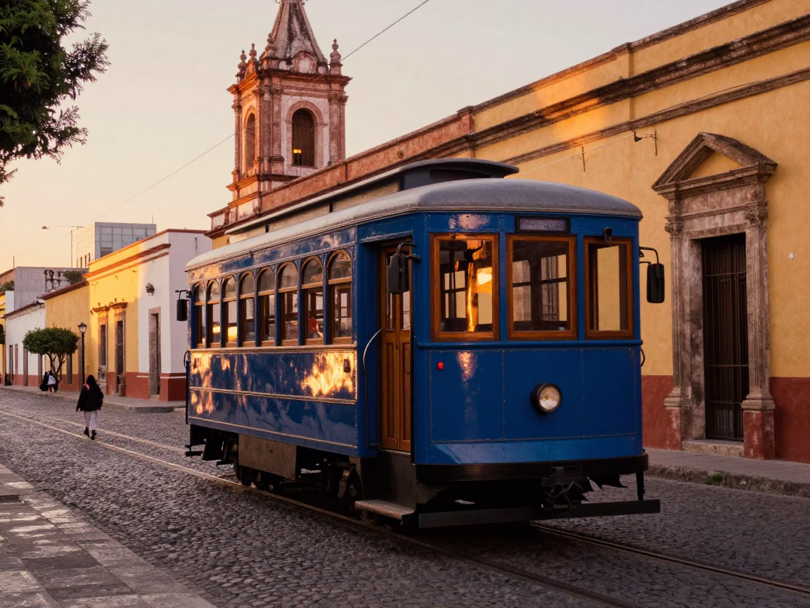 Heritage Tram at Honeyed Evening Light in Oaxaca in in Oaxaca, Mexico