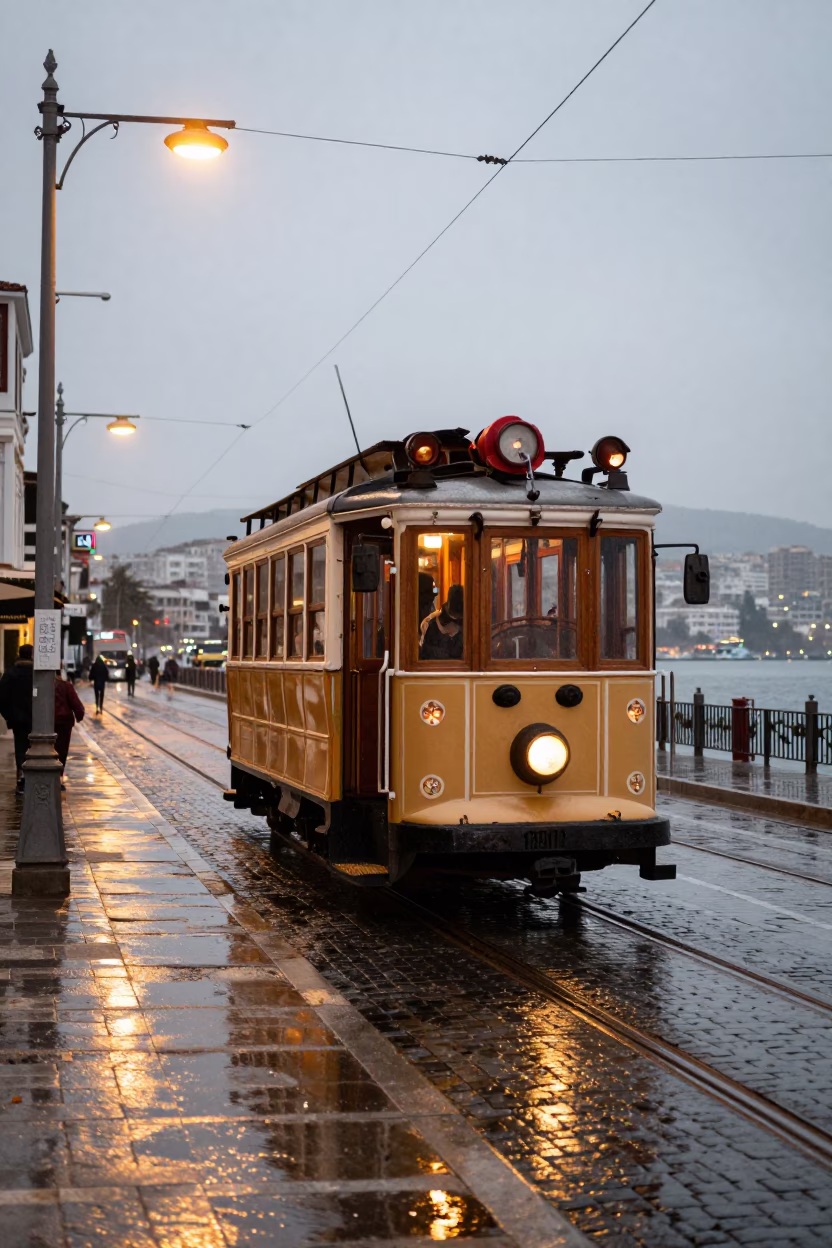Heritage Tram at The Early Evening Light in Izmir in in Izmir, Turkey