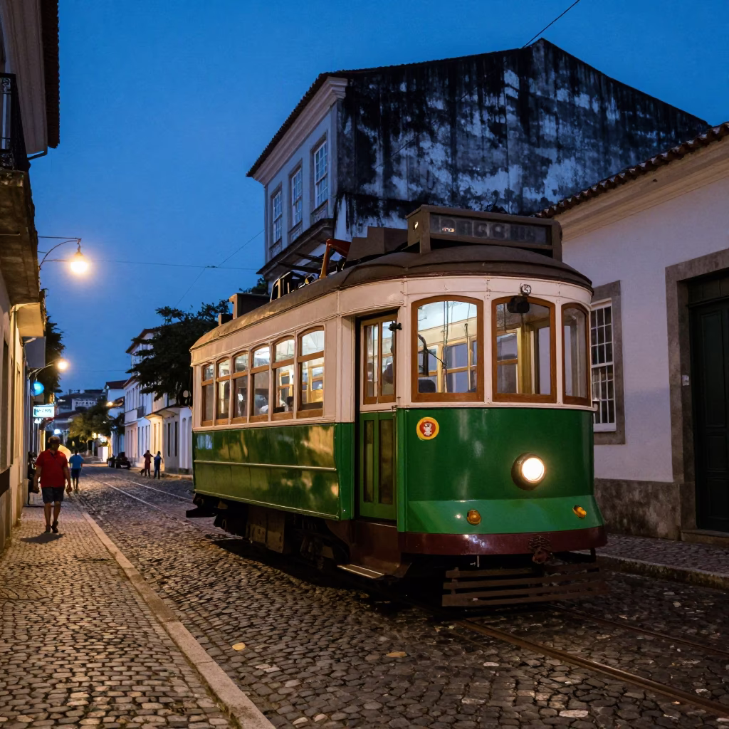 Heritage Tram at The Last Blue Light Of Evening in Salvador in in Salvador, Brazil