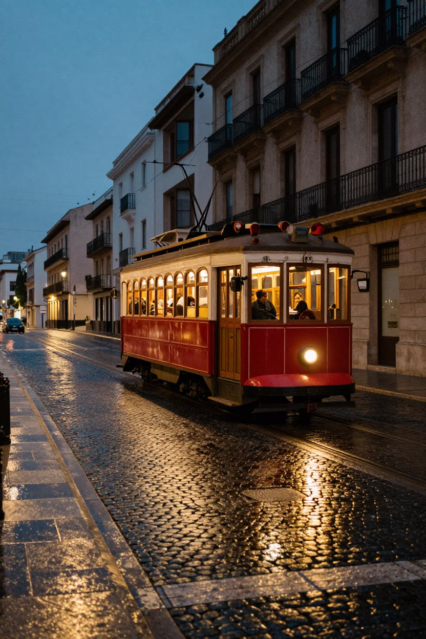 Heritage Tram Crossing Cobblestone Avenue in Valencia Spain at Twilight in in Valencia, Spain