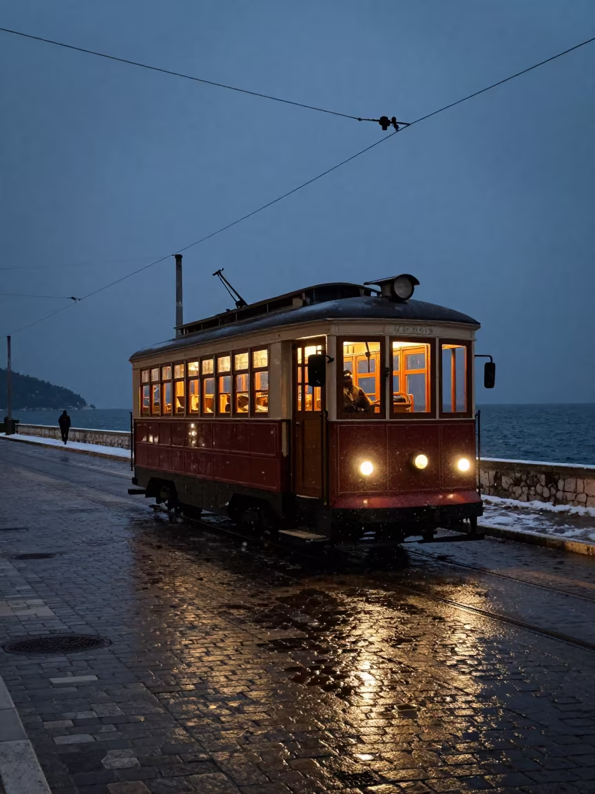 Silhouetted Heritage Tram Dalmatian Coast Twilight in in the Dalmatian Coast