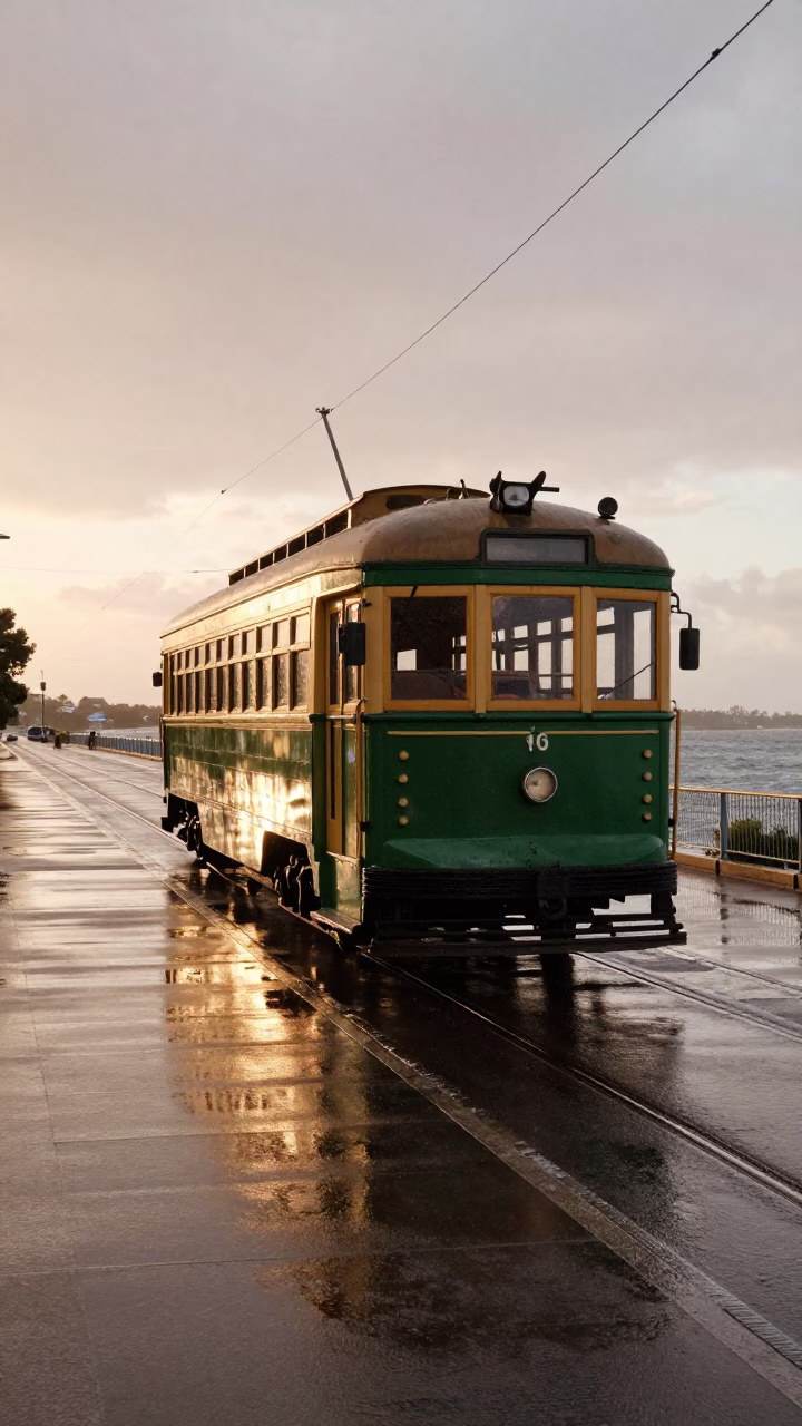 Heritage Tram in Adelaide at Sunset Light in in Adelaide, South Australia, Australia
