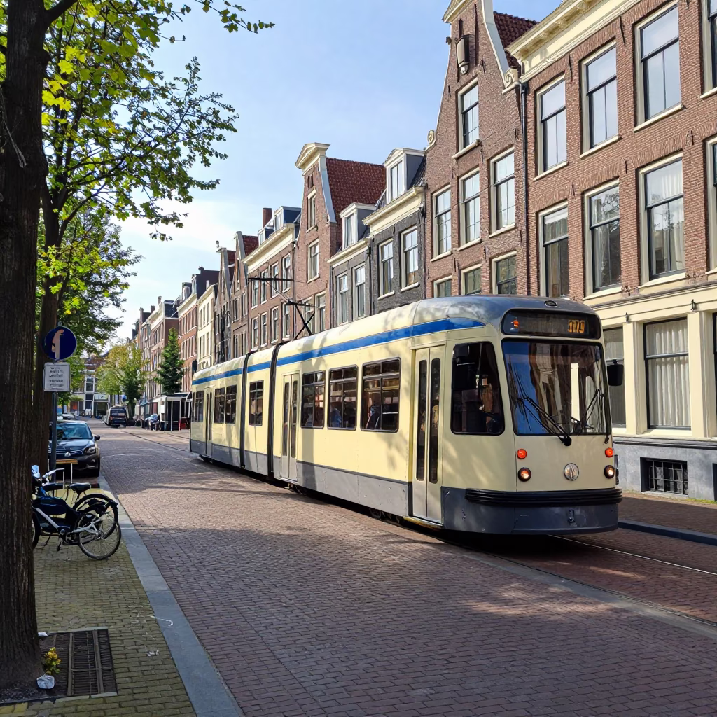 Heritage Tram in Amsterdam at Bright Midmorning Light in in Amsterdam, Netherlands