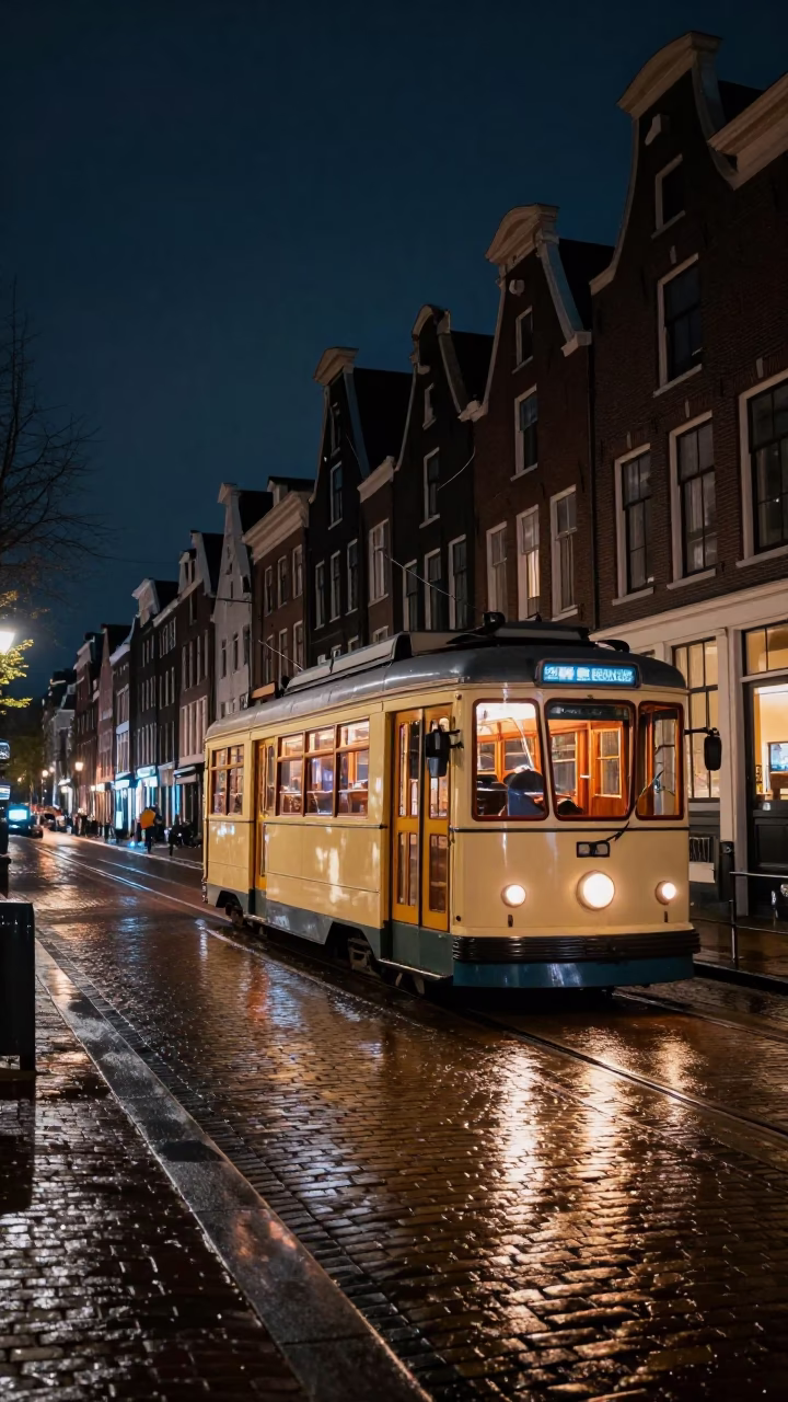 Heritage Tram in Amsterdam at The Deepest Night Sky Light in in Amsterdam, Netherlands